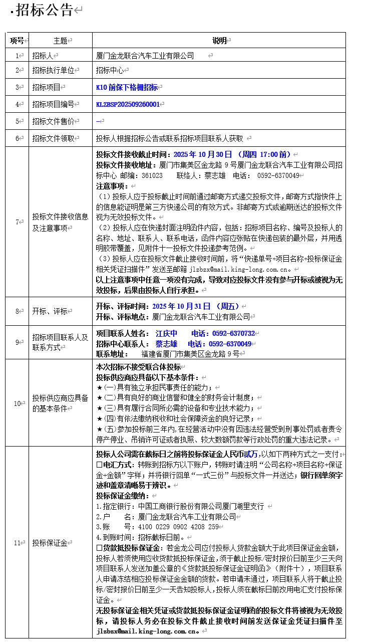 招標(biāo)公告-K10車型前保下格柵項目（輕商）